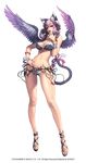  akasha_(chaos_online) animal_ears bangle bikini bracelet breasts cat_ears cat_tail chaos_online fingernails full_body hand_on_hip highres jewelry large_breasts long_fingernails long_hair looking_at_viewer love_cacao navel o-ring o-ring_top parted_lips purple_hair red_eyes sandals solo swimsuit tail wings 