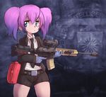  blue_eyes blue_gloves foreling formal gloves gradient_hair gun latex latex_gloves multicolored_hair necktie payday_(series) payday_2 pink_hair rifle shirt short_hair shorts suit thighs twintails weapon 