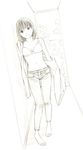  barefoot braid breasts capri_pants cleavage dress_shirt midriff monochrome navel open_clothes open_shirt original pants shirt short_hair sketch small_breasts solo traditional_media undressing yoshitomi_akihito 