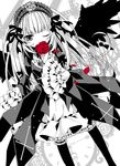  bird_wings cross dress flower frilled_sleeves frills gothic_lolita hairband highres holding holding_flower lolita_fashion lolita_hairband long_hair long_sleeves monochrome moru one_eye_closed rose rozen_maiden solo suigintou very_long_hair wings 