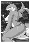  2015 anthro big_breasts big_butt bikini black_and_white blush breasts butt cave clothing cocolog female fish huge_breasts japanese_text looking_at_viewer looking_back marine monochrome open_mouth shark sitting solo swimsuit text thick_thighs translation_request tsurupuni voluptuous water wide_hips 