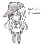  chibi hat hibiki_(kantai_collection) kantai_collection long_hair lowell_(ouranoss2kanata) monochrome school_uniform serafuku solo standing translated 