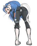  34no404 alternate_costume animal_ears ass bent_over big_hair blue_hair blush bodysuit boots borrowed_design cameltoe cat_ears cat_tail felicia hands_on_own_knees knee_boots long_hair looking_back open_mouth solo tail vampire_(game) 