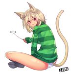  animal_ears ass bad_id bad_pixiv_id blonde_hair cat_ears cat_tail cattail indian_style jjune long_sleeves looking_at_viewer looking_back no_pants original panties plant red_eyes sitting slit_pupils solo sweater tail turtleneck underwear white_panties 