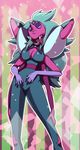  alexandrite_(steven_universe) blue_hair bodysuit breasts commentary_request extra_mouth fangs forehead_jewel fusion gloves highres koei18 large_breasts long_hair multiple_arms pink_skin solo steven_universe sunglasses very_long_hair 