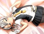 asymmetrical_hair bangs belt black_legwear blouse blush collared_shirt flipped_hair gloves kantai_collection looking_at_viewer lying necktie nowaki_(kantai_collection) on_back pantyhose parted_lips pleated_skirt school_uniform shirt silver_eyes silver_hair skirt solo swept_bangs thighband_pantyhose tie_clip triangle_mouth urokozuki vest white_gloves yellow_neckwear 