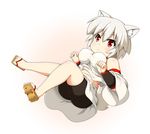  :&lt; animal_ears ass bare_shoulders belly bike_shorts blush breasts commentary fat_folds geta hitotsubashi_inari inubashiri_momiji large_breasts legs looking_at_viewer lying no_hat no_headwear on_back plump red_eyes sandals shirt short_hair silver_hair skindentation skirt solo tail taut_clothes taut_shirt touhou tsurime upskirt vambraces wolf_ears wolf_tail 