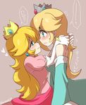  aqua_dress bare_shoulders blonde_hair blue_eyes crown dress earrings elbow_gloves eromame eye_contact gloves imminent_kiss jewelry long_hair long_sleeves looking_at_another mario_(series) multiple_girls partially_translated pink_dress princess_peach puffy_short_sleeves puffy_sleeves rosetta_(mario) short_sleeves super_mario_bros. super_mario_galaxy translation_request white_gloves wide_sleeves yuri 