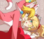  animal_costume animal_ears bare_shoulders blonde_hair blue_eyes blush cat_ears crown dress earrings eromame face-to-face girl_on_top hair_over_one_eye imminent_kiss jewelry long_sleeves lying mario_(series) multiple_girls on_back open_mouth ponytail princess_peach red_dress rosetta_(mario) super_mario_3d_world super_mario_bros. super_mario_galaxy tail translated wide_sleeves yuri 