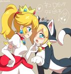  animal_costume animal_ears blonde_hair blue_eyes blush cat_ears crown dress elbow_gloves eromame gloves hair_over_one_eye heart heart-shaped_pupils licking_lips long_hair mario_(series) multiple_girls paw_gloves paws ponytail princess_peach puffy_short_sleeves puffy_sleeves rosetta_(mario) short_sleeves super_mario_3d_world super_mario_bros. super_mario_galaxy symbol-shaped_pupils tail tongue tongue_out translated white_dress white_gloves yuri 