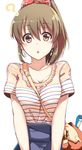  ? bad_id bad_twitter_id bag between_breasts blush bow breasts brown_eyes brown_hair chestnut_mouth collarbone earrings hair_bow hori_yuuko idolmaster idolmaster_cinderella_girls jewelry kouda_hayato_(e-gis) medium_breasts open_mouth ponytail shirt short_sleeves simple_background solo strap_cleavage striped striped_shirt white_background 