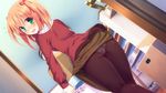  1girl ass blush box brown_legwear carrying character_request dutch_angle embarrassed female game_cg green_eyes hair_ribbon looking_back orange_hair panties panties_under_pantyhose pantyhose ribbon short_hair skirt skirt_lift solo source_request two_side_up underwear yayoi_and_nagi 