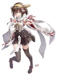  artist_name boots brown_eyes brown_hair cosplay hairband hand_on_hip highres japanese_clothes kantai_collection kongou_(kantai_collection) kongou_(kantai_collection)_(cosplay) morigami_(morigami_no_yashiro) nontraditional_miko ribbon-trimmed_sleeves ribbon_trim sendai_(kantai_collection) short_hair smile solo thigh_boots thighhighs twitter_username zettai_ryouiki 