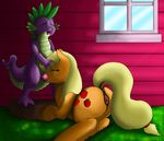  2015 anus applejack_(mlp) blonde_hair butt clitoral_winking clitoris cub cutie_mark dragon duo earth_pony equine exelzior-maximus eyes_closed female friendship_is_magic fur hair horse male male/female mammal my_little_pony open_mouth oral orange_fur penis pony purple_scales pussy spike_(mlp) young 
