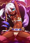  ;p armpits bangle barefoot belt bikini_bottom blue_eyes bracelet dancer_(sekaiju) dark_skin earrings feathers glint jewelry jpeg_artifacts lavender_hair md5_mismatch navel navel_piercing one_eye_closed piercing pole pole_dancing sekaiju_no_meikyuu sekaiju_no_meikyuu_4 shawl shiny shiny_skin smile solo squatting tokyo_(great_akuta) tongue tongue_out tongue_piercing twintails very_dark_skin 