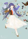  blue_background bug butterfly closed_eyes dress flower highres insect kaninn long_hair original pale_skin purple_hair see-through simple_background solo 