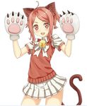  animal_ears arms_up bell cat_ears elin_(tera) fang gloves jd_(bibirijd) jingle_bell paw_gloves paws ponytail red_eyes red_hair shirt short_hair skirt smile solo sweater_vest tail tera_online 