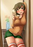  :d against_wall arm_behind_head ayuayu_(shouyu_no_sato) bangs blush breasts brown_eyes brown_hair casual cellphone contemporary contrapposto covered_navel cowboy_shot flower hiryuu_(kantai_collection) holding holding_phone kantai_collection large_breasts one_side_up open_mouth phone reflection self_shot short_hair short_shorts shorts smile solo standing striped striped_legwear swept_bangs thighhighs vase 