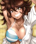  1girl armpits arms_behind_head arms_up artist_request blush bra breasts brown_eyes brown_hair cleavage danganronpa dark_skin female grin large_breasts long_hair looking_at_viewer lying on_back open_clothes owari_akane smile solo striped_bra swimsuit underwear 