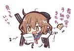  anchor_symbol brown_eyes brown_hair commentary eighth_note envelope fang hair_between_eyes hair_ornament hairclip ikazuchi_(kantai_collection) kantai_collection kasuga_yuuki letter musical_note neckerchief open_mouth red_neckwear school_uniform serafuku short_hair simple_background translated white_background 