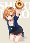  blue_eyes brown_hair doughnut food highres kneeling miyamori_aoi open_mouth shigure_ui shirobako short_hair smile solo 