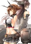  antennae back-to-back bare_arms bare_shoulders breasts brown_eyes brown_hair finger_to_mouth gloves hair_ornament hands_on_own_chest heart kantai_collection large_breasts long_hair machinery mecha_musume midriff miniskirt multiple_girls mutsu_(kantai_collection) nagato_(kantai_collection) navel okitakung one_eye_closed red_eyes shirt shushing skirt very_long_hair white_gloves 