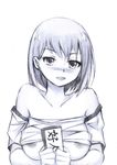  bare_shoulders blush breasts highres large_breasts monochrome original simple_background solo white_background yeyong 