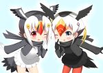  2girls ;p atlantic_puffin_(kemono_friends) bangs bird_tail black_gloves black_hair black_jacket black_scarf black_shirt black_skirt black_wings blonde_hair blush commentary_request eyebrows_visible_through_hair feathered_wings frilled_skirt frills gloves grey_eyes grey_wings hair_between_eyes hand_up head_wings index_finger_raised jacket kemono_friends leaning_forward long_sleeves multicolored_hair multiple_girls one_eye_closed open_clothes open_jacket pantyhose red_eyes red_hair red_legwear scarf shin01571 shirt sidelocks skirt smile standing sweater_vest tongue tongue_out tufted_puffin_(kemono_friends) two-tone_hair white_gloves white_hair white_shirt white_skirt wings 