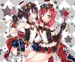  :d anapom argyle argyle_background argyle_legwear artist_name bad_id bad_pixiv_id bare_shoulders black_hair blush bow cafe_maid checkered checkered_skirt detached_collar elbow_gloves flower gloves hair_bow hat long_hair looking_at_viewer love_live! love_live!_school_idol_project microphone_stand multiple_girls necktie nishikino_maki open_mouth pleated_skirt purple_eyes red_eyes red_hair ribbon short_hair skirt sleeveless smile thighhighs twintails yazawa_nico zettai_ryouiki 