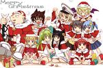  6+girls anger_vein animal_ears blue_hair brown_hair frown gift glasses green_hair hat heart heart-shaped_pupils highres long_hair looking_at_viewer merry_christmas multiple_girls open_mouth original paw_pose pointy_ears red_hair santa_costume short_hair sitting skirt smile symbol-shaped_pupils tongue tongue_out wings yeyong 