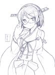  artist_name bare_shoulders detached_sleeves glasses headgear highres japanese_clothes kanon_(kurogane_knights) kantai_collection kirishima_(kantai_collection) looking_at_viewer monochrome nontraditional_miko short_hair sketch smile solo translated 