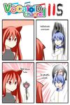  1boy 2girls 4koma black_hair blue_eyes blue_hair catstudioinc_(punepuni) comic commentary_request hand_on_own_shoulder highres implied_sex kaito left-to-right_manga multiple_girls original puni_(miku_plus) red_eyes red_hair scarf sex_toy sleeveless thai the_ring translated vocaloid yamamura_sadako 