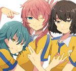  aqua_hair blue_eyes brown_eyes brown_hair inazuma_eleven_(series) inazuma_eleven_go kariya_masaki kirino_ranmaru long_hair male_focus multiple_boys one_eye_closed pink_hair raimon raimon_soccer_uniform shindou_takuto shirota69 simple_background smile soccer_uniform sportswear twintails white_background yellow_eyes 