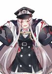 1girl blood bloody_clothes echj eyes_closed facial_scar fur_collar girls_frontline hat injury kar98k_(girls_frontline) long_hair long_sleeves military military_uniform oversized_clothes peaked_cap scar scar_on_cheek silver_hair smile solo tears torn_clothes uniform younger 