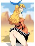  ass bare_shoulders blonde_hair calamity_jane daga detached_sleeves dress dress_lift drill_hair freckles from_behind hairband light_smile long_hair no_panties orange_eyes orange_sleeves solo wild_arms wild_arms_1 
