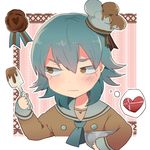  aqua_hair blush box brown_eyes chef_hat chocolate chocolate_making gift hat heart heart-shaped_box inazuma_eleven_(series) inazuma_eleven_go kariya_masaki long_hair male_focus mixing_bowl sailor_collar shirota69 solo spatula thought_bubble valentine 