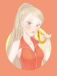  blue_eyes churro face high_ponytail honey_churro jojon light_brown_hair long_hair looking_at_viewer mister_donut nail_polish orange_nails parted_lips personification simple_background sleeveless solo upper_body very_long_hair 