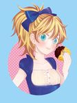  angel_french aqua_eyes blonde_hair blue_background blue_nails blush collarbone doughnut face food french_cruller jojon mister_donut nail_polish personification ponytail simple_background solo upper_body 