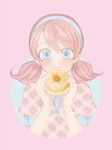  blue_eyes blush doughnut face food jojon looking_at_viewer mister_donut personification pink_background pink_hair simple_background smile solo sugar_raised twintails upper_body 