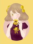  blush brown_hair doughnut face food golden_chocolate jojon licking_lips looking_at_viewer mister_donut nail_polish personification short_hair simple_background smile solo tongue tongue_out upper_body yellow_background yellow_eyes yellow_nails 