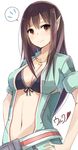  bad_id bad_pixiv_id belt bra breasts brown_eyes brown_hair center_opening cleavage front-tie_top hand_on_hip highres jewelry kurebayashi_noe long_hair looking_at_viewer medium_breasts navel necklace ol_blink_(pso2) phantasy_star phantasy_star_online_2 pointy_ears sketch smile solo ulc underwear white_background 