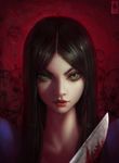  alice:_madness_returns alice_(wonderland) alice_in_wonderland american_mcgee's_alice banned_artist black_hair blood close-up deviantart_sample dress face green_eyes highres image_sample knife lips long_hair looking_at_viewer paul_kwon photorealistic realistic smile solo weapon 