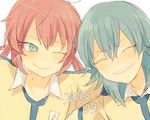  aqua_hair blue_eyes blush closed_eyes dated grin inazuma_eleven_(series) inazuma_eleven_go kariya_masaki kirino_ranmaru lightning_bolt long_hair male_focus multiple_boys one_eye_closed pink_hair raimon raimon_soccer_uniform shirota69 smile soccer_uniform sportswear twintails upper_body white_background 