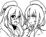  :d atago_(kantai_collection) bangs beret commentary eu03 frown greyscale hair_between_eyes hat kantai_collection long_hair looking_at_viewer monochrome multiple_girls open_mouth short_hair simple_background sketch smile takao_(kantai_collection) white_background 