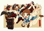  &gt;_&lt; bob_cut brown_eyes brown_hair closed_eyes geta hat jacket_on_shoulders kill_la_kill mankanshoku_mako middle_w multiple_girls multiple_persona open_mouth outstretched_arms round_teeth school_uniform serafuku short_hair skirt smile teeth toes w walrus-ruin 