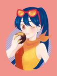  blue_hair brown_eyes choco_fashion doughnut eyewear_on_head face food jojon lips long_hair looking_at_viewer mister_donut nail_polish old-fashioned_doughnut one_eye_closed personification pink_nails ponytail simple_background sleeveless solo sunglasses upper_body 