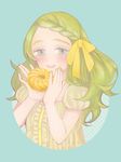  blush doughnut face food french_cruller green_eyes green_hair green_nails jojon long_hair mister_donut nail_polish personification simple_background smile solo upper_body 