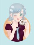  aqua_background aqua_eyes aqua_nails bangs blue_hair blush coconuts_chocolate doughnut face food jojon looking_at_viewer mister_donut nail_polish necktie one_eye_closed open_mouth personification short_hair simple_background solo upper_body 