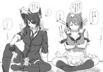  breasts cat cleavage crossed_arms eyepatch fingerless_gloves gloves greyscale hat kantai_collection kneehighs large_breasts maya_(kantai_collection) midriff miniskirt monochrome multiple_girls necktie niwatazumi partially_translated remodel_(kantai_collection) sitting skirt sweatdrop tenryuu_(kantai_collection) thighhighs too_many too_many_cats translation_request 