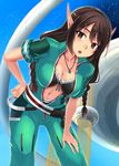  :o belt bra braid breasts brown_eyes brown_hair center_opening cleavage collarbone hand_on_hip highres jewelry large_breasts leaning_forward long_hair looking_at_viewer navel necklace ol_blink_(pso2) open_mouth phantasy_star phantasy_star_online_2 pointy_ears ryou@ryou solo star_(sky) twin_braids ulc underwear 